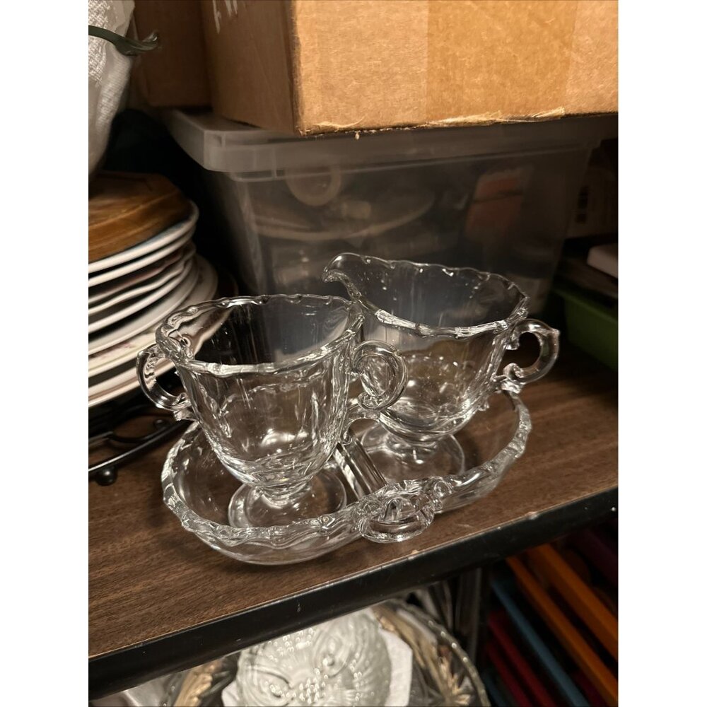 Vintage Clear Glass Creamer & Sugar Set With Matching Tray